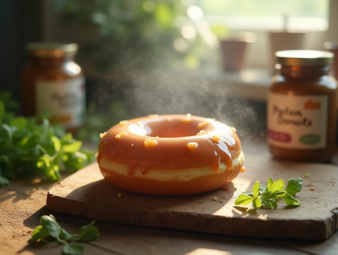 A protein donut on a rustic wooden cutting board, surrounded by fresh greenery and protein powder jars.
Title