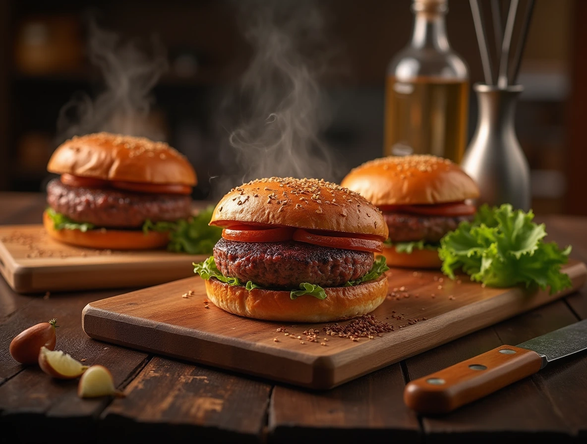 A close-up shot of a chef expertly cooking a Wagyu burger, with sizzling patty and crispy crust.