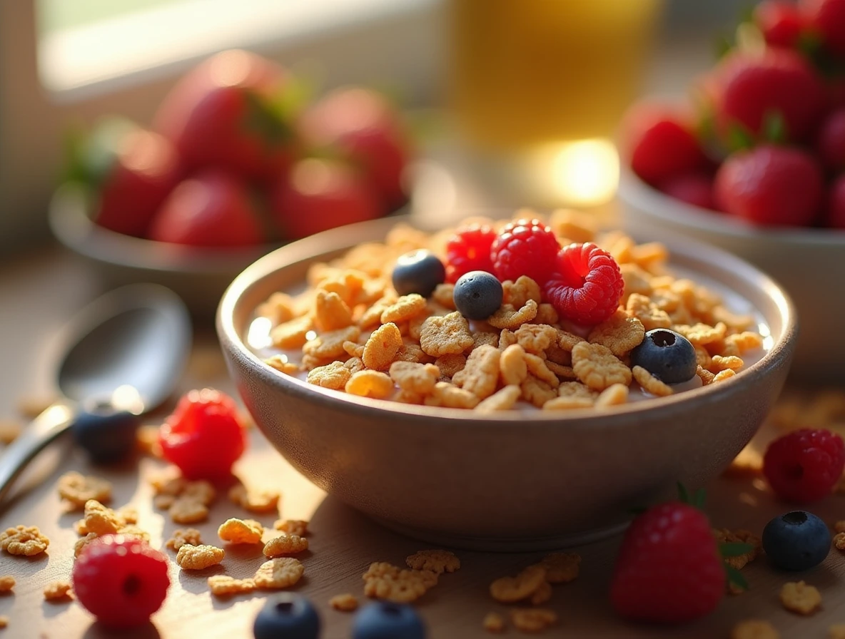 A close-up shot of a bowl of protein cereal with fresh berries and a spoon