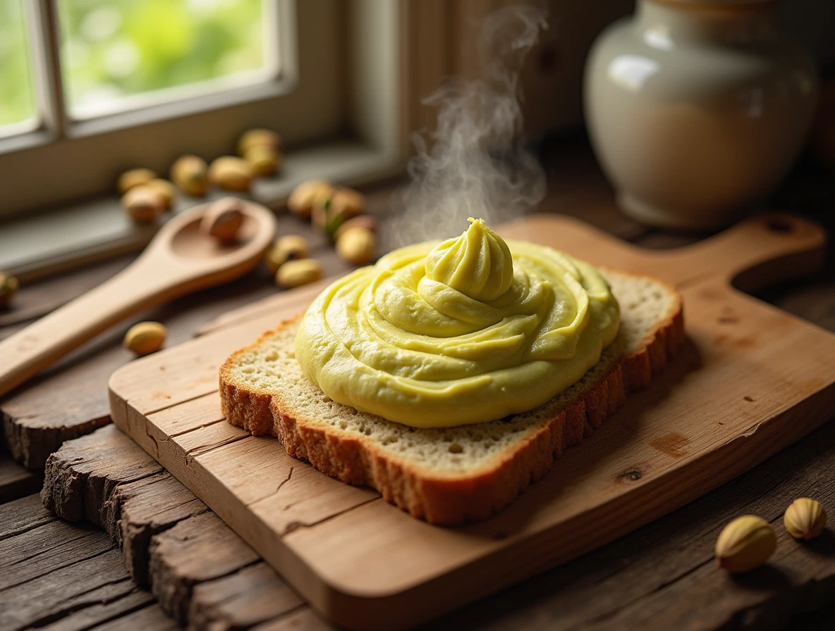 A warm and inviting baking scene featuring a delectable pistachio butter spread on a rustic wooden cutting board, with fresh pistachios, a wooden spoon, and a vintage ceramic jar.