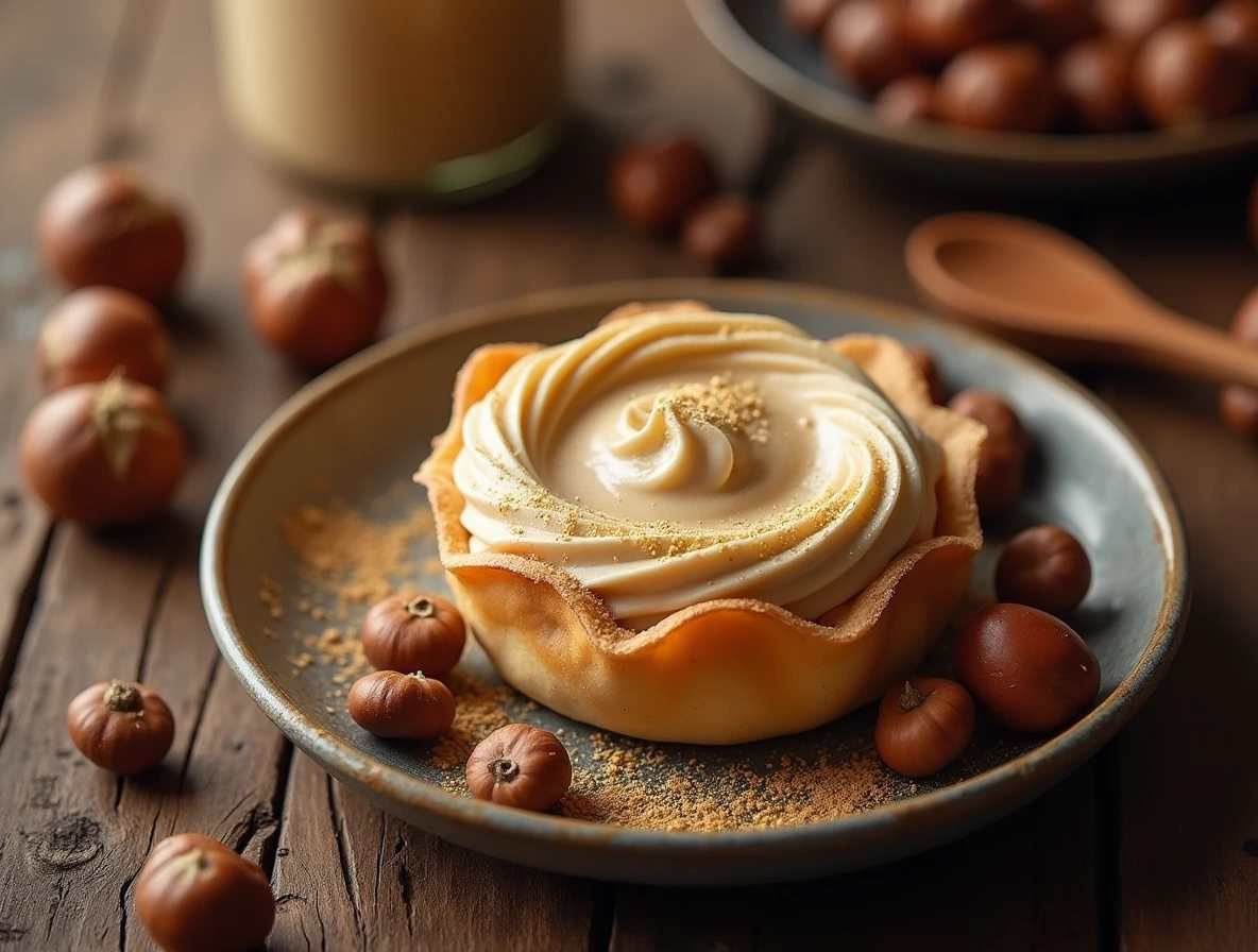 A beautifully styled dessert featuring hazelnut cream piped onto a pastry shell, garnished with fresh hazelnuts and edible gold dust.