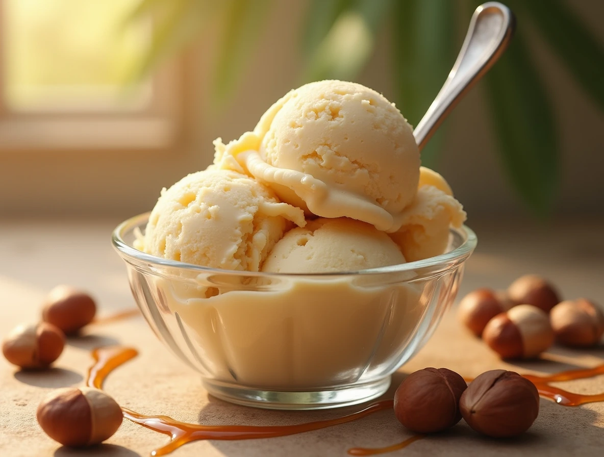 A scoop of creamy hazelnut ice cream in a vintage glass bowl, garnished with fresh hazelnuts and caramel sauce.