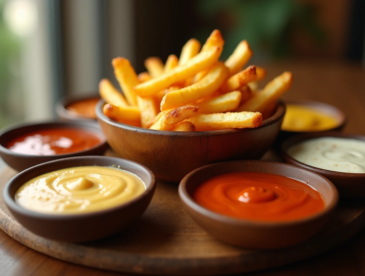 Sizzling Hot Fries and Creamy Dipping Sauces A close-up shot of hot fries and dipping sauces, showcasing their vibrant colors and appetizing textures.