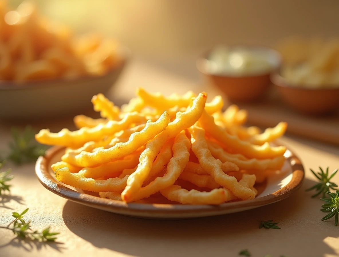 Food photography of crinkle cut fries at a 45-degree angle, showcasing their crispy texture and golden color, with fresh thyme and a rustic ceramic plate.