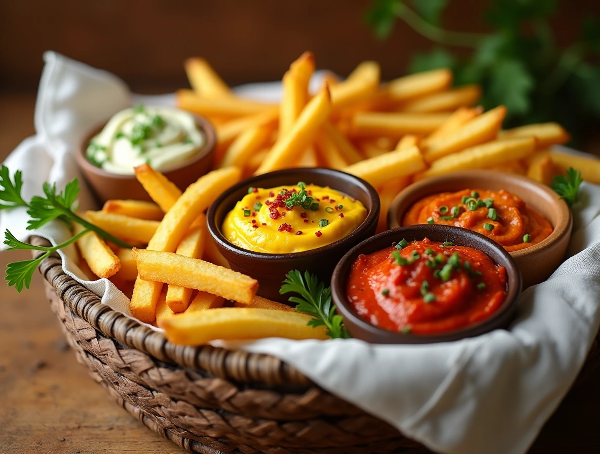 A selection of colorful dips, including habanero aioli, truffle hummus, and cucumber tzatziki, arranged around crispy Voodoo Fries and set against a rustic wooden background.