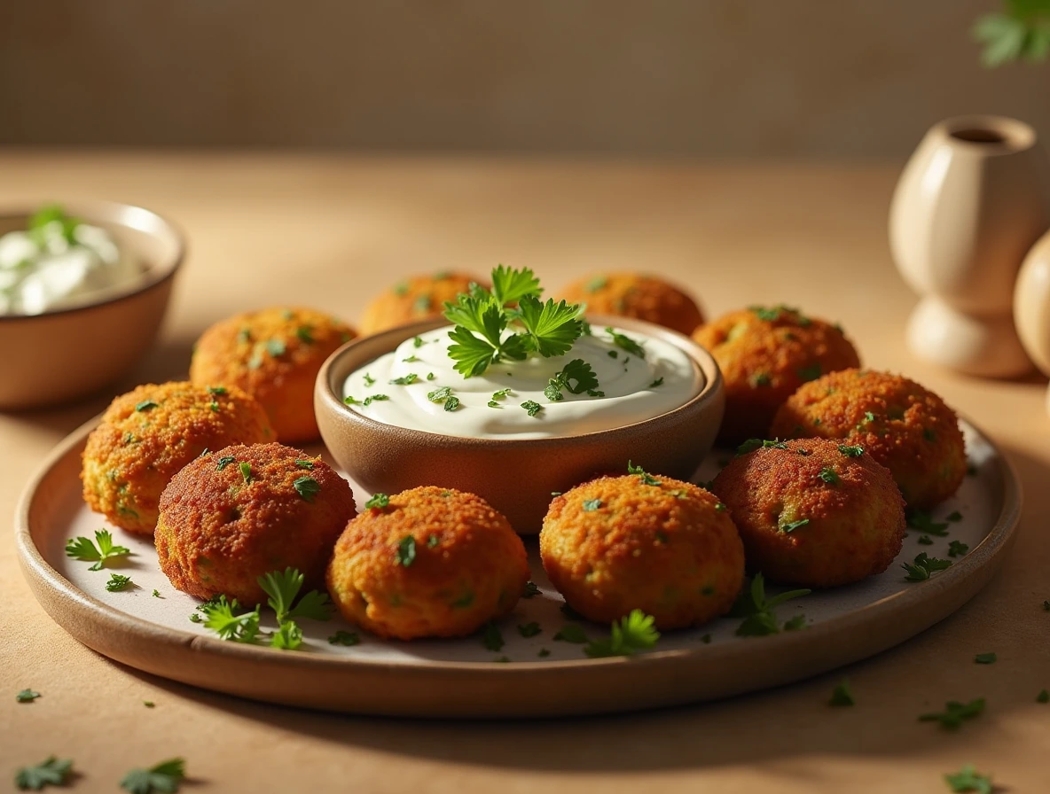 A platter of crispy frozen falafel balls served with a dollop of creamy tzatziki sauce and garnished with parsley.