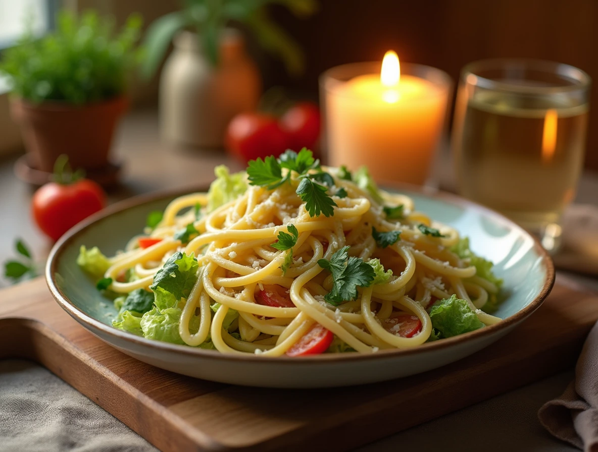 A warm and inviting photo of a Caesar Pasta Salad recipe on a wooden cutting board, garnished with parsley and surrounded by rustic props.