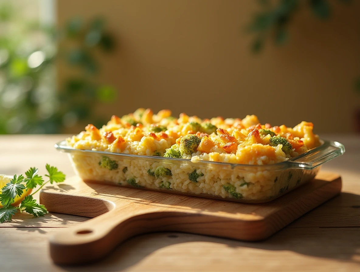 A delicious and easy-to-make chicken broccoli rice casserole recipe on a rustic wooden cutting board.