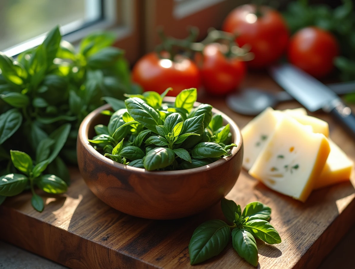 A beautifully styled kitchen counter with essential ingredients and cooking utensils, showcasing freshness and natural beauty.