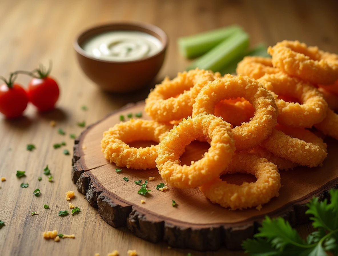 Close-up of crispy and golden-brown gold nugget rings on a rustic wooden cutting board with dipping sauce, herbs, and fresh vegetables in the background.