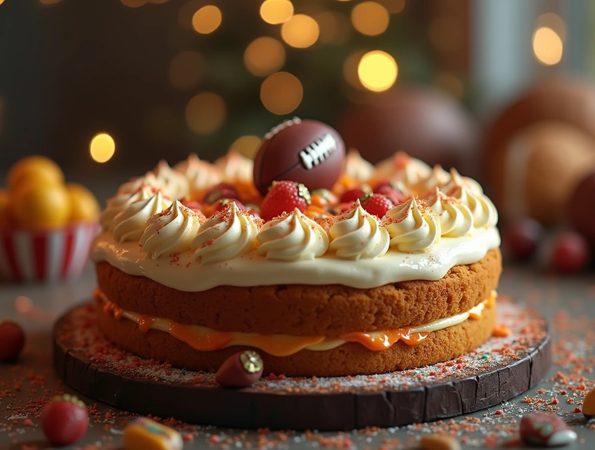 A beautifully styled and decorated Super Bowl cake, featuring a rich brown cake base, creamy buttercream frosting, and festive football-themed decorations.