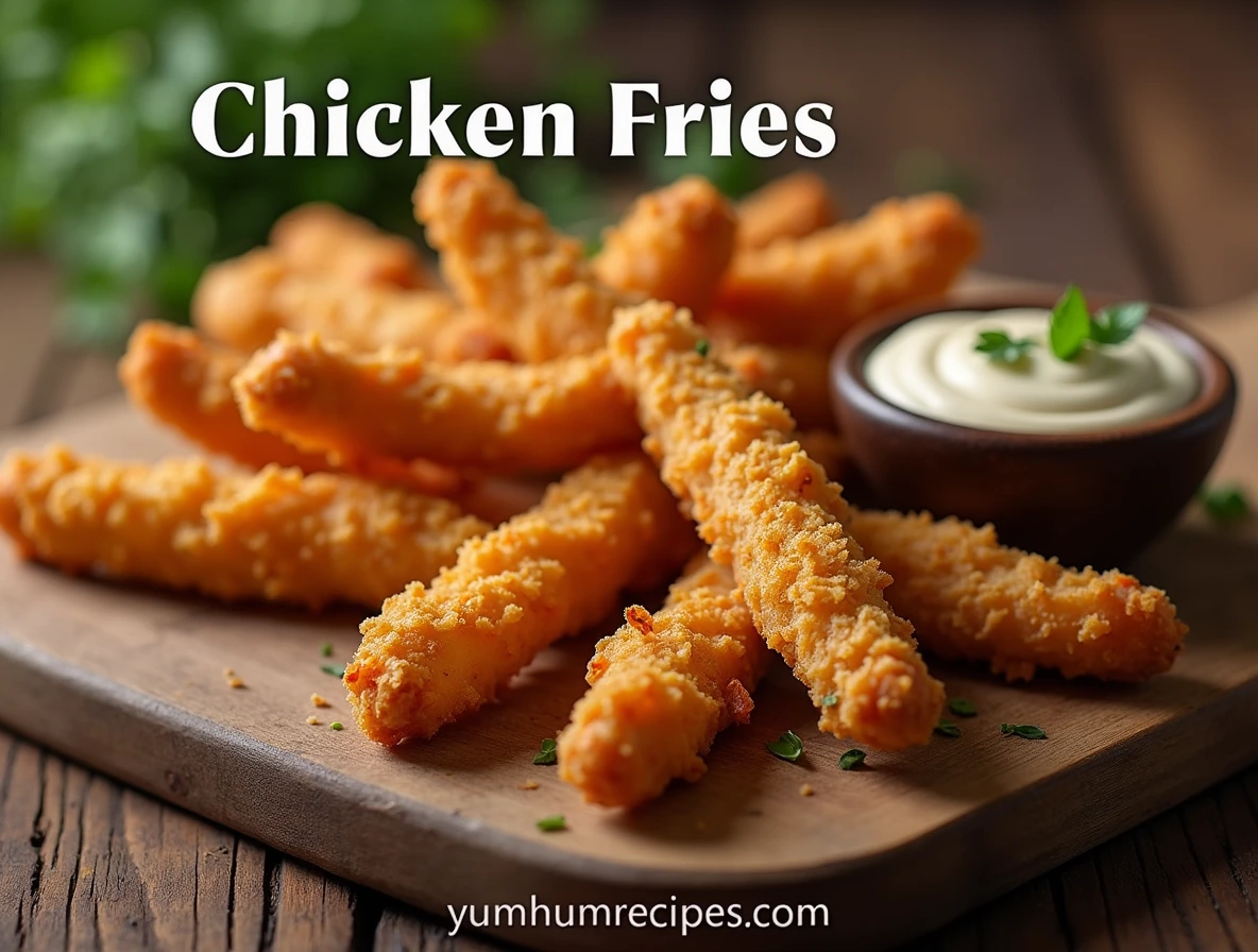 Crispy chicken fries with dipping sauce and fresh herbs on a rustic cutting board