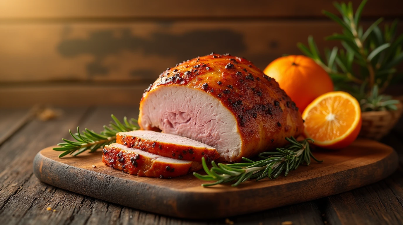 A beautifully prepared smoked turkey breast on a rustic cutting board with fresh rosemary and orange slices.