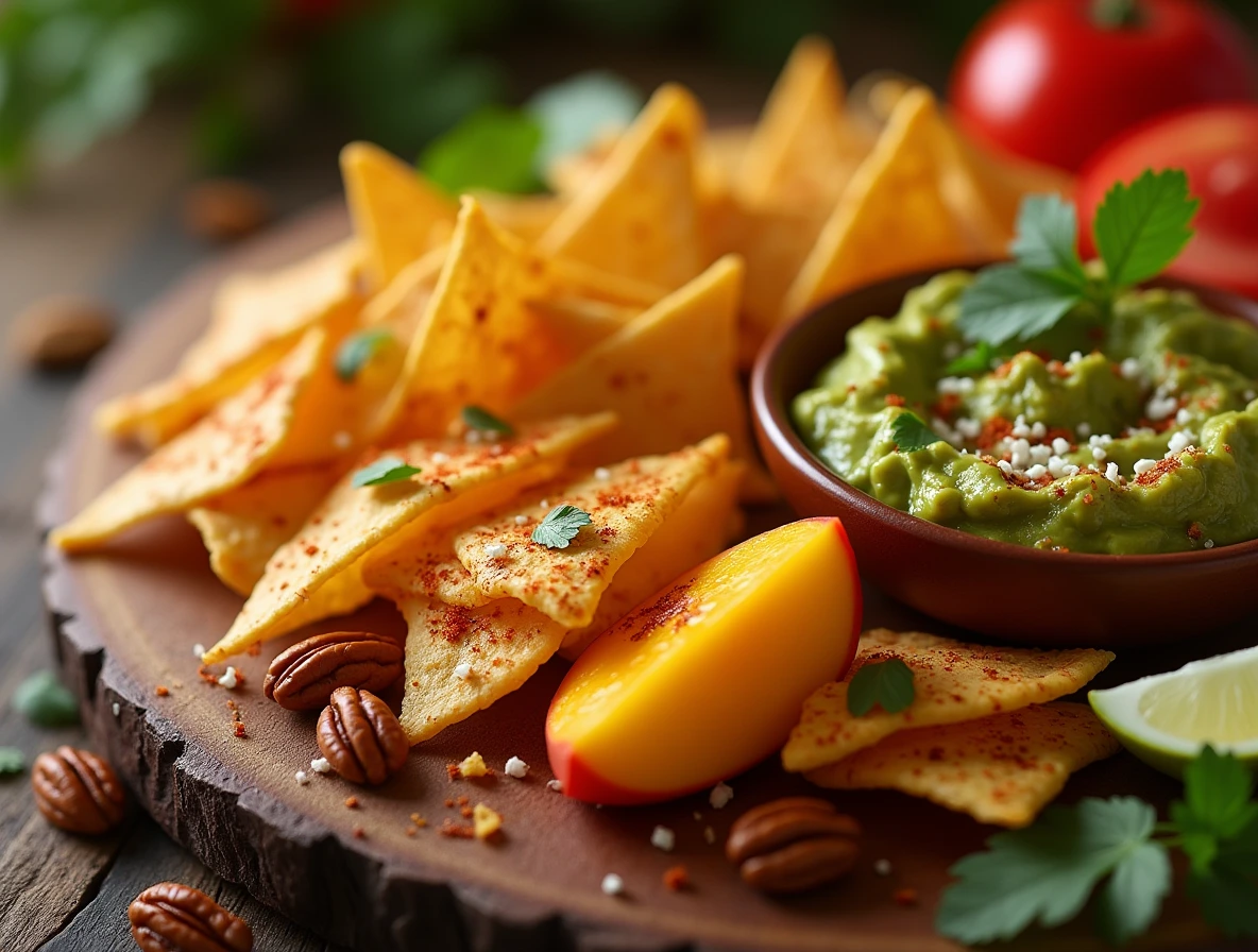 A colorful and inviting Mexican snack spread featuring tortilla chips, mango, guacamole, and queso fresco, arranged on a rustic wooden cutting board.