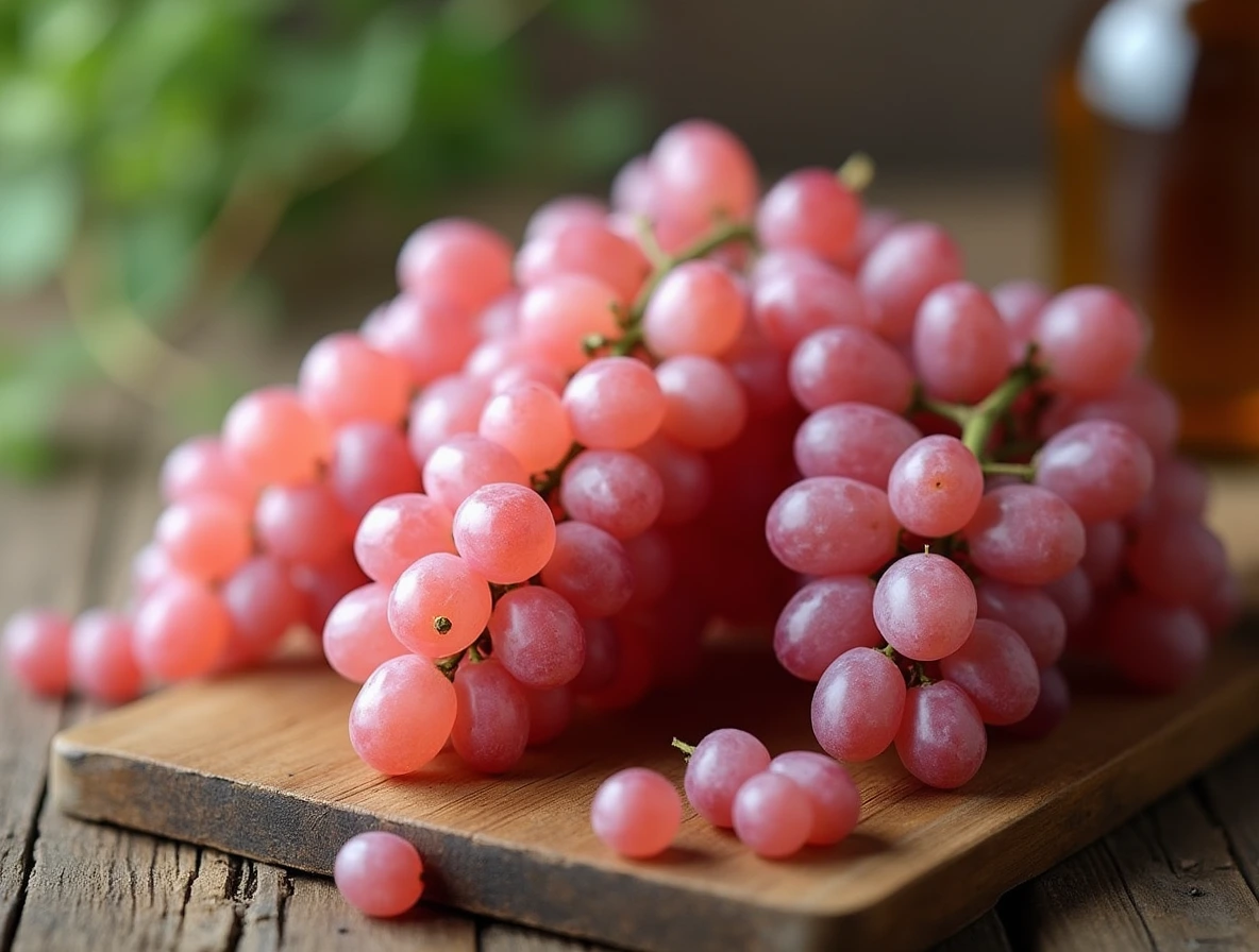 Fresh cotton candy grapes on a wooden cutting board with a rustic background.