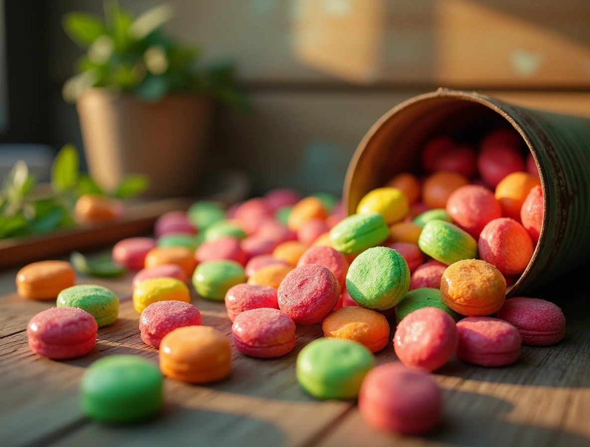 Indulge in the Fun of Sour Candy A colorful arrangement of sour candies on a rustic wooden table, with a vintage metal tin and fresh mint leaves adding to the whimsical atmosphere.