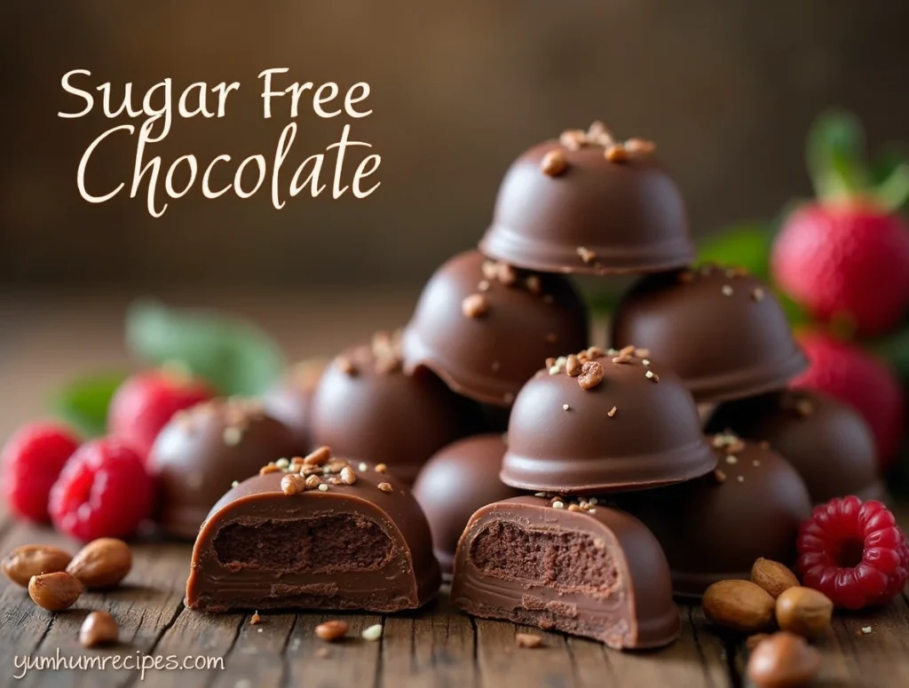 A selection of sugar-free chocolates arranged on a wooden table, accompanied by fresh berries and nuts, under warm lighting.