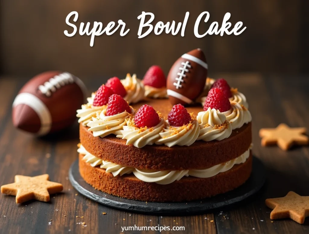 A mouthwatering Super Bowl cake with a football-themed design, perfect for game-day celebrations, on a rustic wooden background, with the keyword "Super Bowl Cake" prominently displayed.