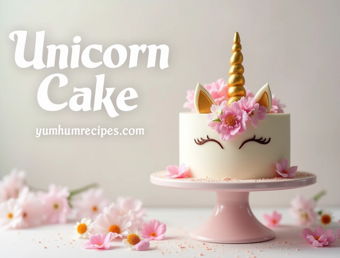 A beautifully decorated unicorn cake with a soft, creamy white background, featuring the title "Unicorn Cake" in the upper third.