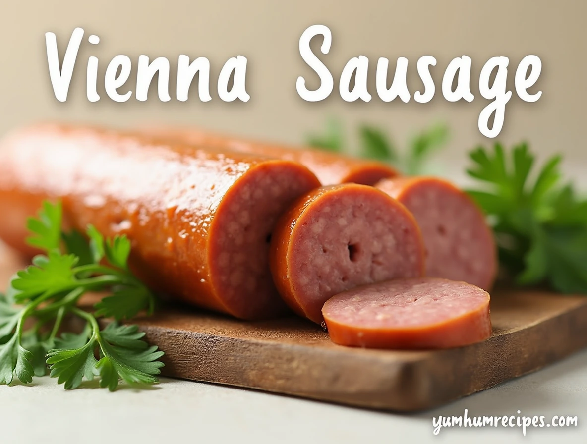 Vienna sausage on a rustic wooden cutting board with fresh parsley and a soft focus background.