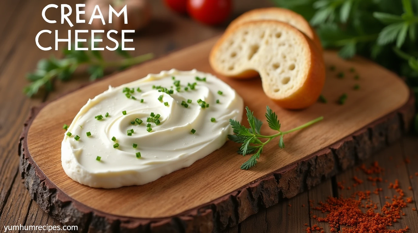 A creamy spread of cream cheese on a rustic wooden cutting board, with the title "Cream Cheese" prominently displayed.