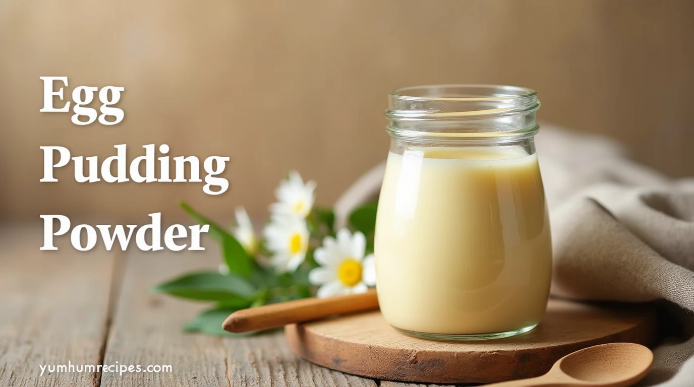 A close-up shot of a glass jar filled with creamy egg pudding powder-based dessert mixture, with the title "Egg Pudding Powder" prominently displayed.