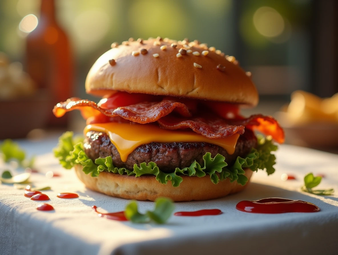 A mouthwatering Wagyu burger with crispy bacon, melted cheddar cheese, and a juicy beef patty, topped with fresh lettuce and served on a toasted brioche bun.