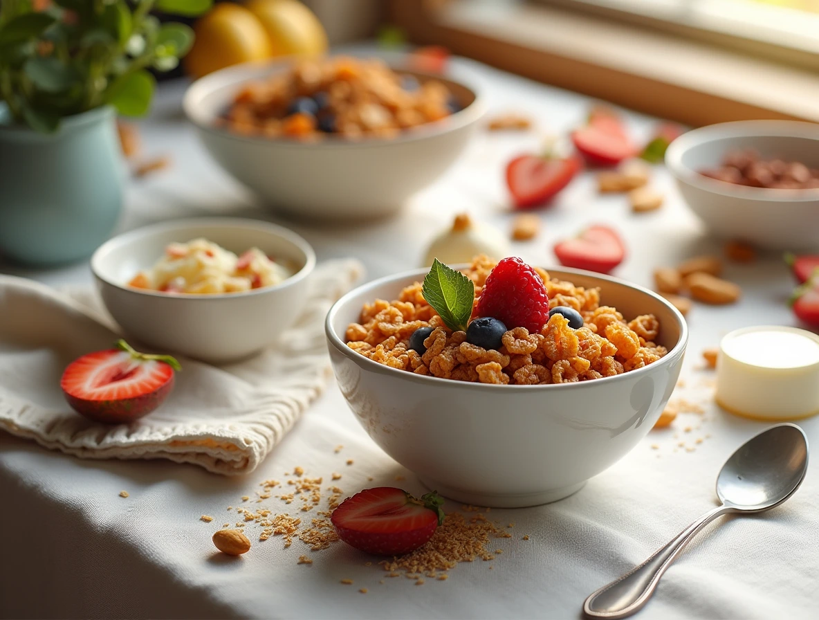 A beautifully styled breakfast table setting featuring five protein-rich cereal recipes, with fresh fruits and nuts