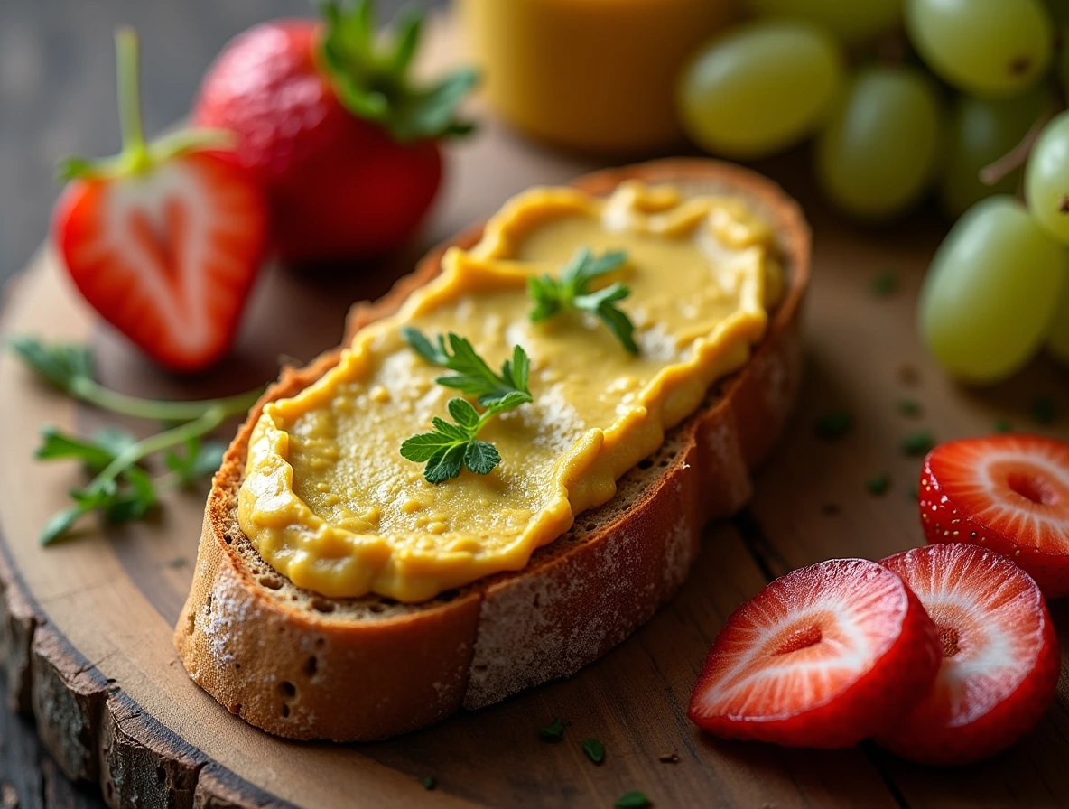 A slice of toasted sourdough bread topped with pistachio butter, fresh fruit, and herbs, arranged on a rustic wooden cutting board.