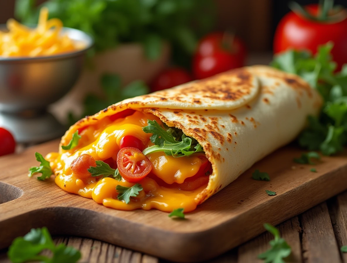 A warm, crispy grilled cheese burrito wrapped in a flour tortilla, filled with melted cheddar cheese, lettuce, and tomato.