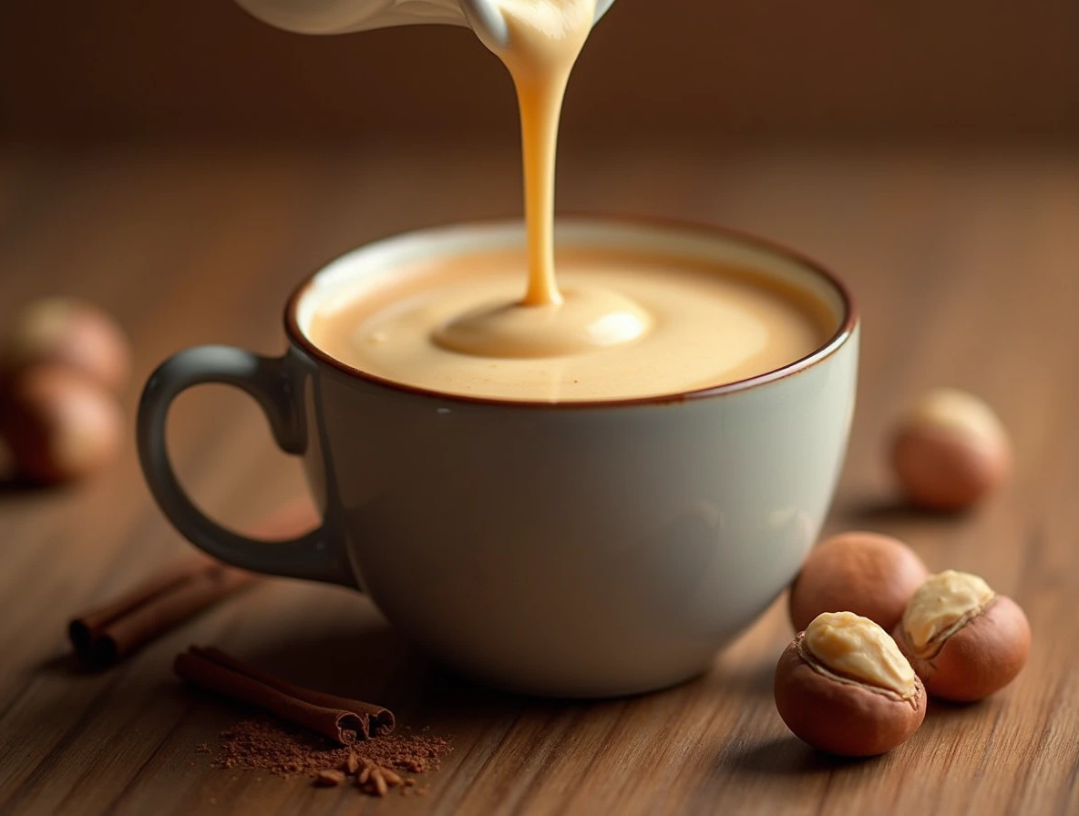 A close-up of hazelnut cream being poured into a coffee cup, set against a warm wooden background.