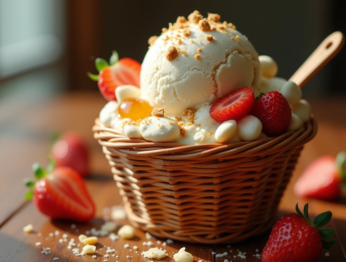 A scoop of hazelnut ice cream in a vintage wicker cone with caramelized hazelnuts, golden honey, and crimson strawberries.