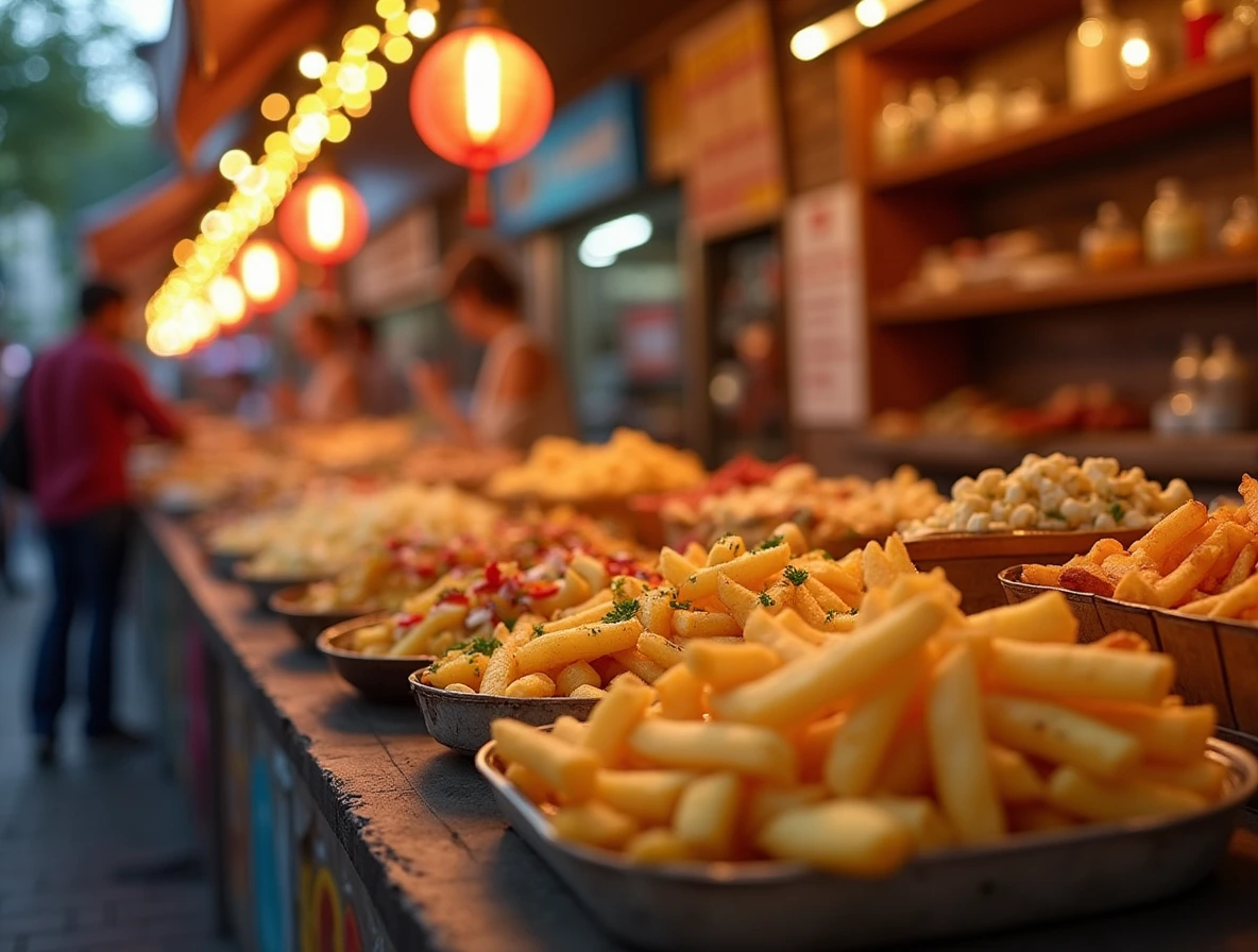 Sizzling Street Food: A Global Celebration of Hot Fries A vibrant street food market scene featuring hot fries from around the world, with a focus on cultural flair and fresh ingredients.