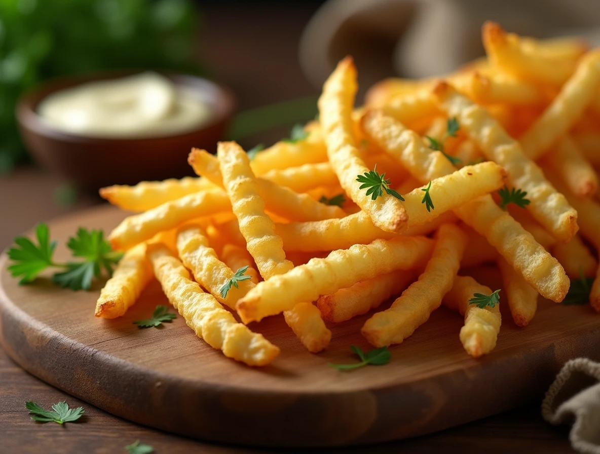 Crinkle cut fries with fresh parsley and aioli on a rustic wooden cutting board.