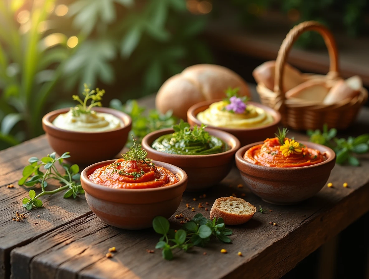 A selection of vibrant, unique dips garnished with fresh herbs and edible flowers on a rustic wooden table