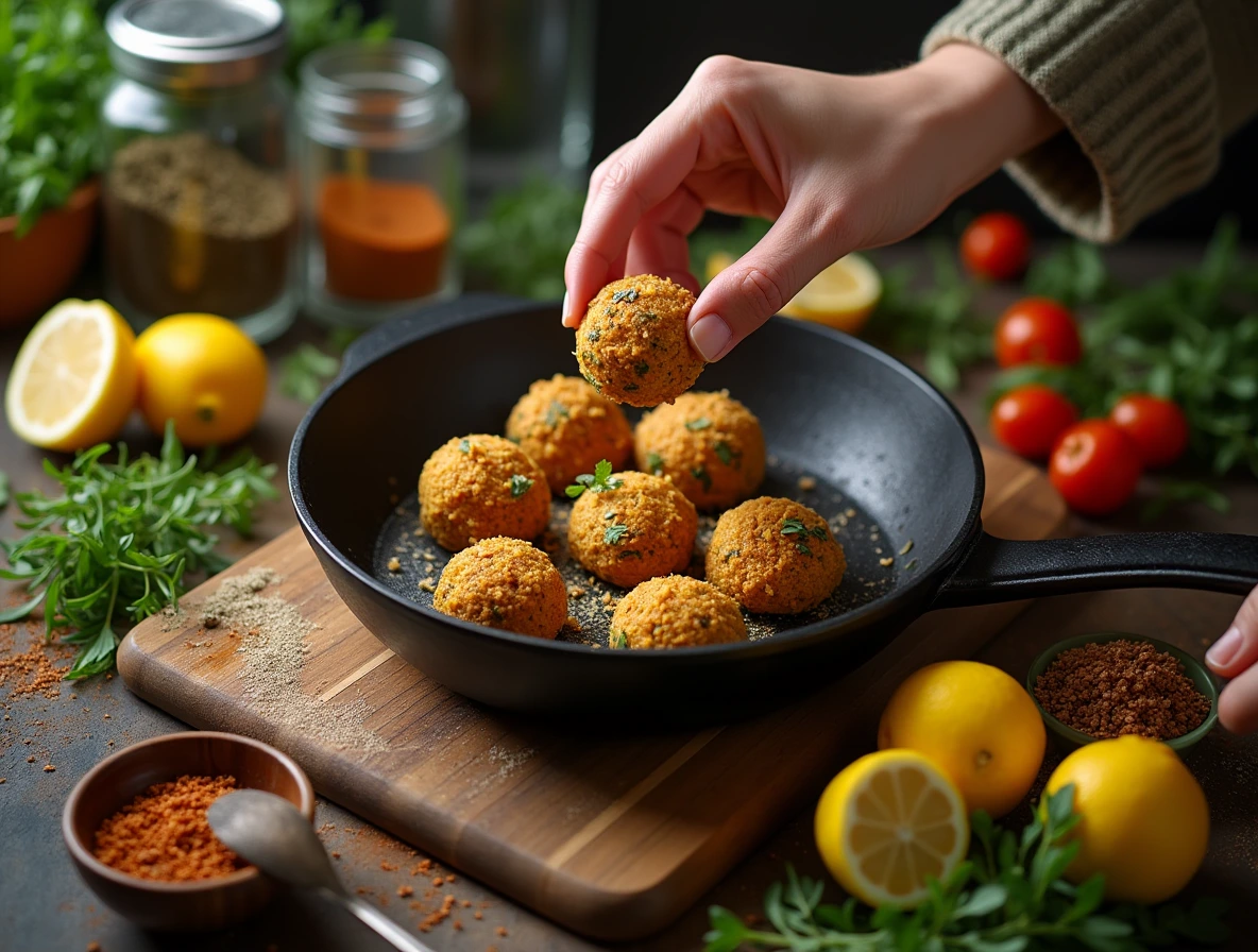 A chef prepares frozen falafel balls in a sizzling hot skillet, surrounded by fresh herbs and spices.