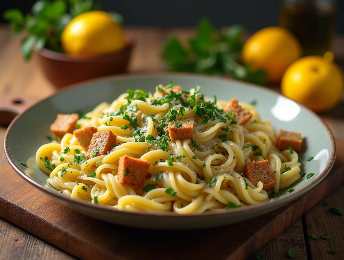 A beautifully styled Caesar Pasta Salad with fresh parsley, croutons, and juicy lemons, perfect for a rustic Italian-inspired dinner.