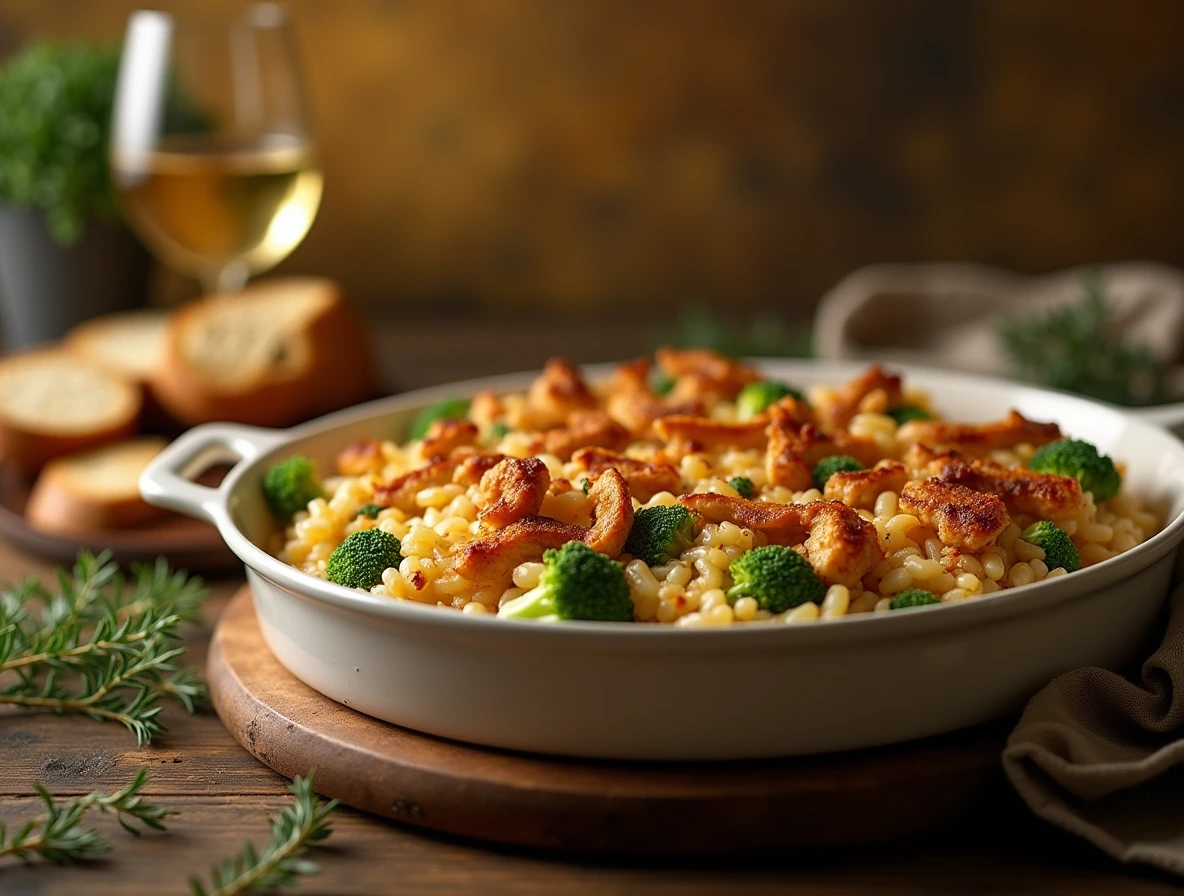 A photorealistic image of a Chicken Broccoli Rice Casserole, showcasing the dish's creamy rice and broccoli mixture, crispy chicken, and inviting atmosphere.