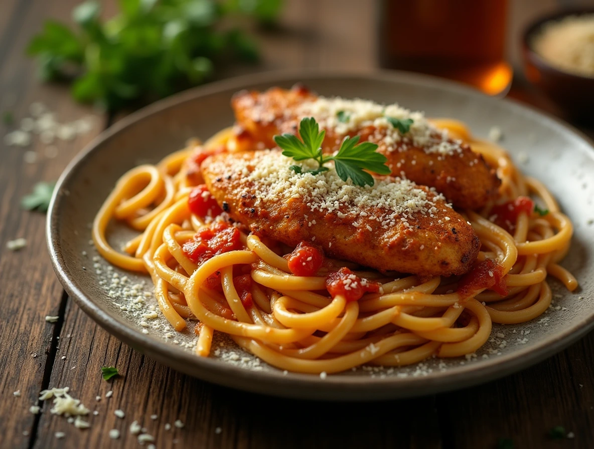 A delicious garlic parmesan chicken pasta dish, shot from a 45-degree angle, with a warm, softbox light source illuminating the dish.