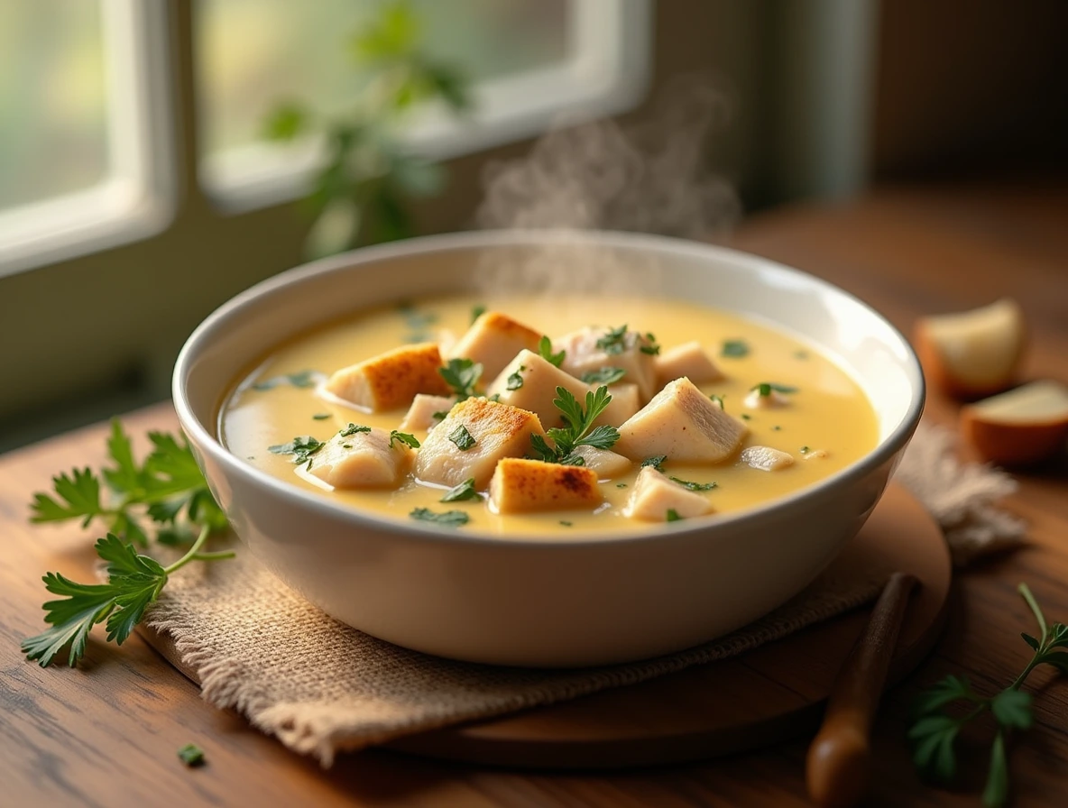 A steaming bowl of creamy chicken soup with fresh herbs and croutons