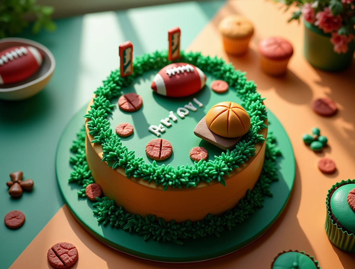 A majestic Super Bowl-themed cake adorned with edible football decorations, surrounded by festive props and natural light.