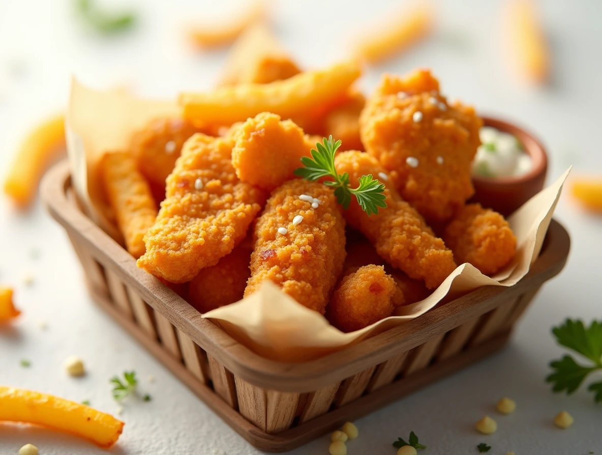 A warm and inviting image of crispy chicken fries served in a rustic wooden basket, garnished with fresh parsley and a drizzle of creamy sauce.