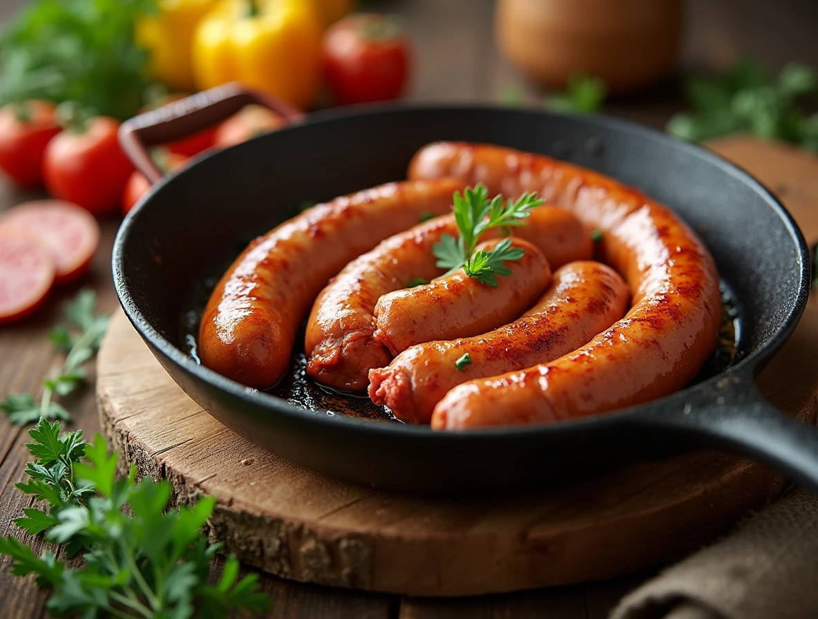 A close-up shot of Vienna sausage sizzling in a skillet, surrounded by fresh vegetables and garnishes, with a warm and inviting atmosphere.