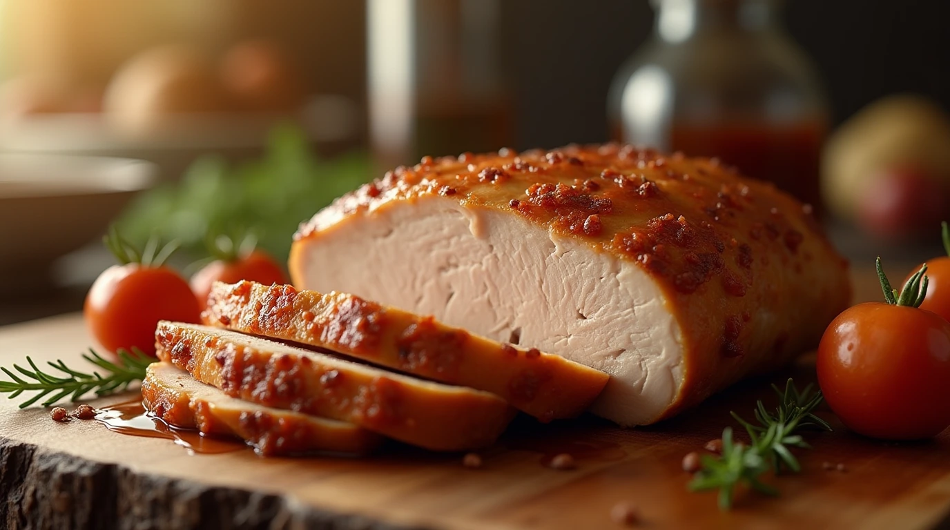 A perfectly smoked turkey breast, garnished with fresh thyme and served with a rich, savory gravy.