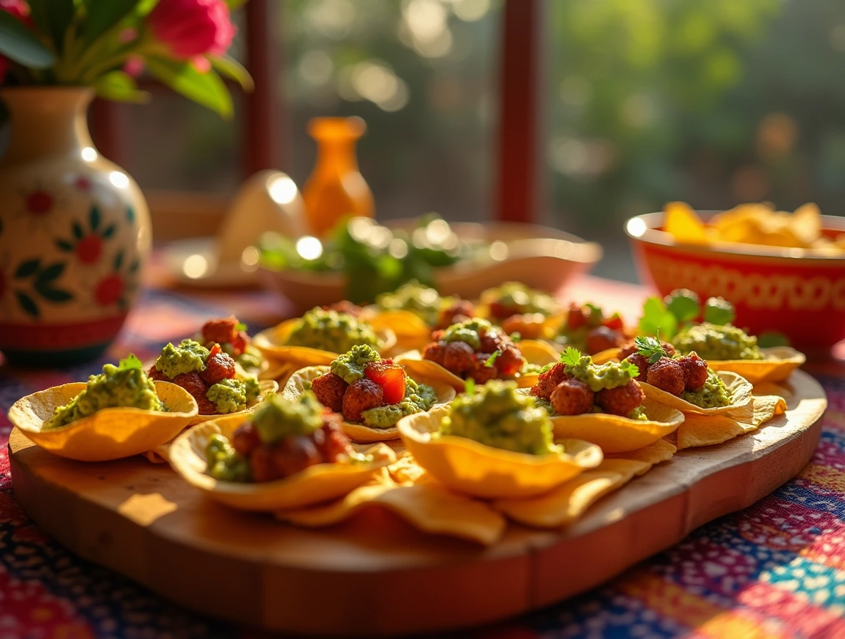 A platter of colorful Mexican snacks, including tortilla chips, guacamole, and chorizo canapés, arranged on a table with festive decorations and props.