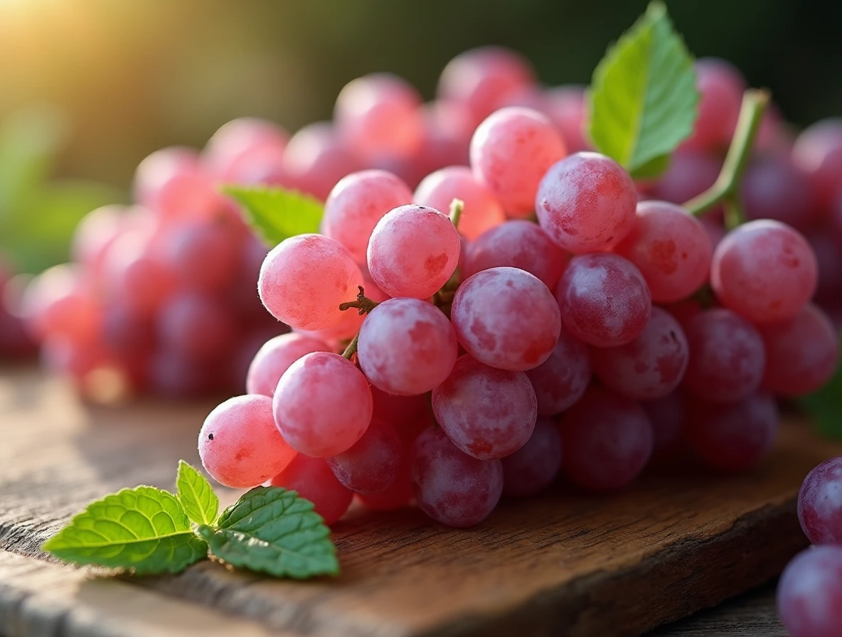 A cluster of fresh cotton candy grapes arranged on a wooden cutting board, with a few sprigs of fresh mint leaves for garnish.