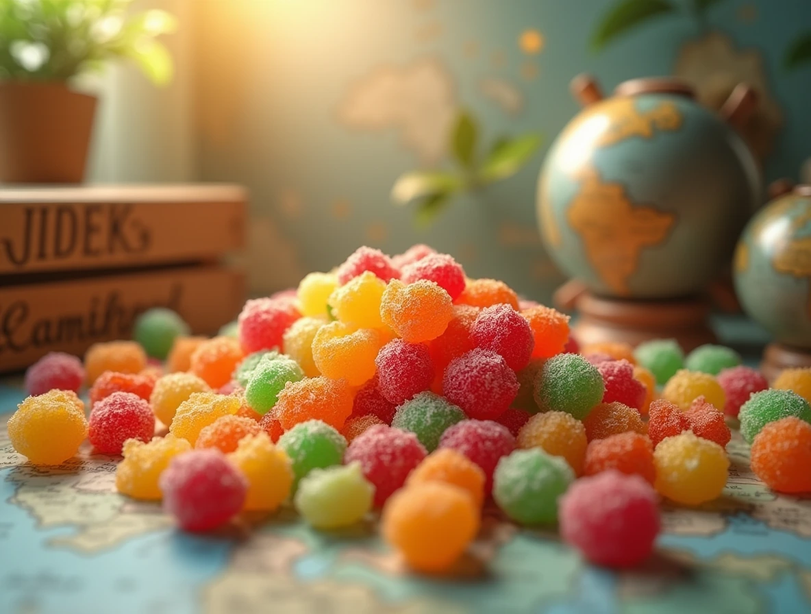 Sour Candy Around the World: A Colorful Celebration of Tart Treats A vibrant arrangement of sour candies from around the world, with a mix of textures and colors.