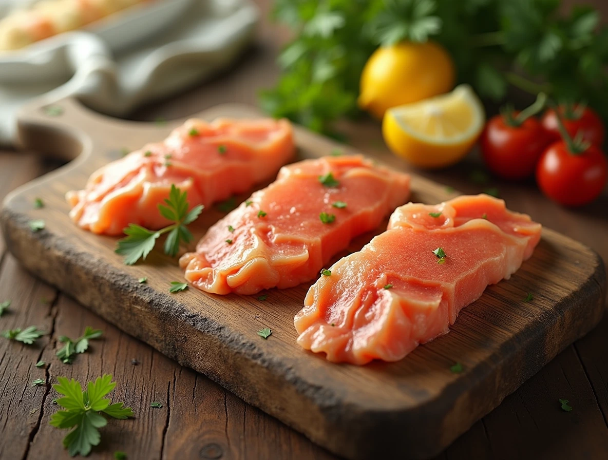 A delicious and fresh lump of crab meat arranged on a rustic cutting board, ready for cooking.