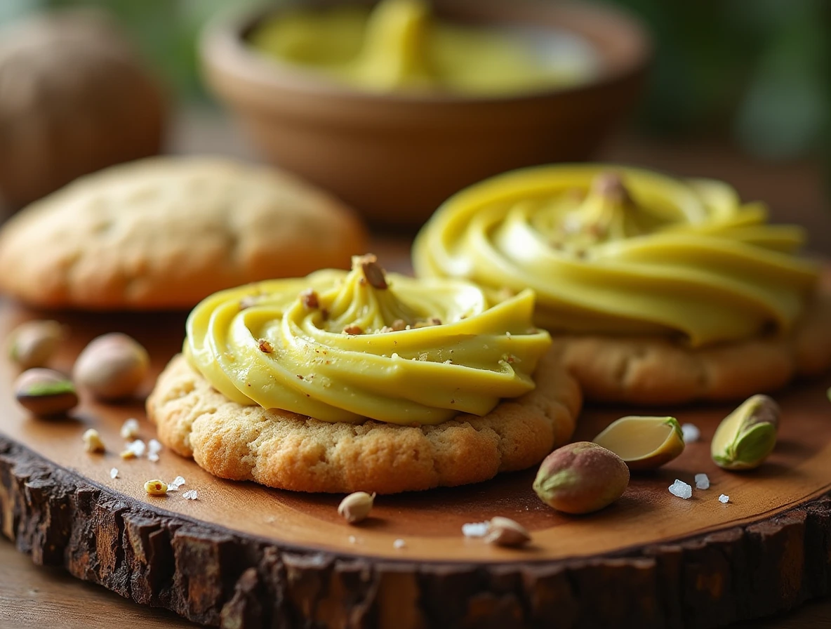 A beautifully piped swirl of pistachio butter on a crumbly shortbread cookie, garnished with fresh pistachios and sea salt.