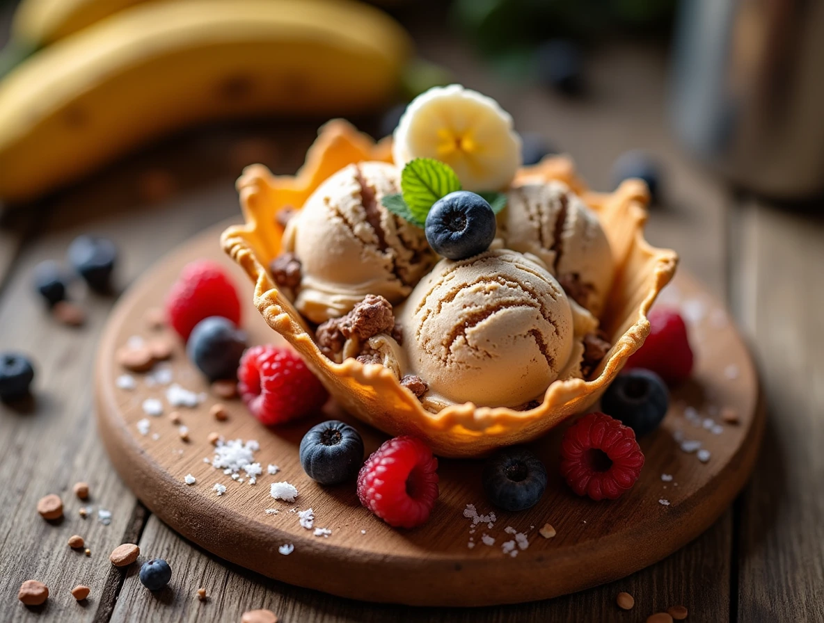 A sundae with hazelnut ice cream, waffle cone, caramelized bananas, and fresh berries, set on a rustic wooden board with a warm and inviting atmosphere.